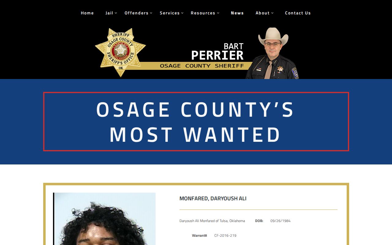 Osage County Sheriff's Most Wanted warrant listing interface