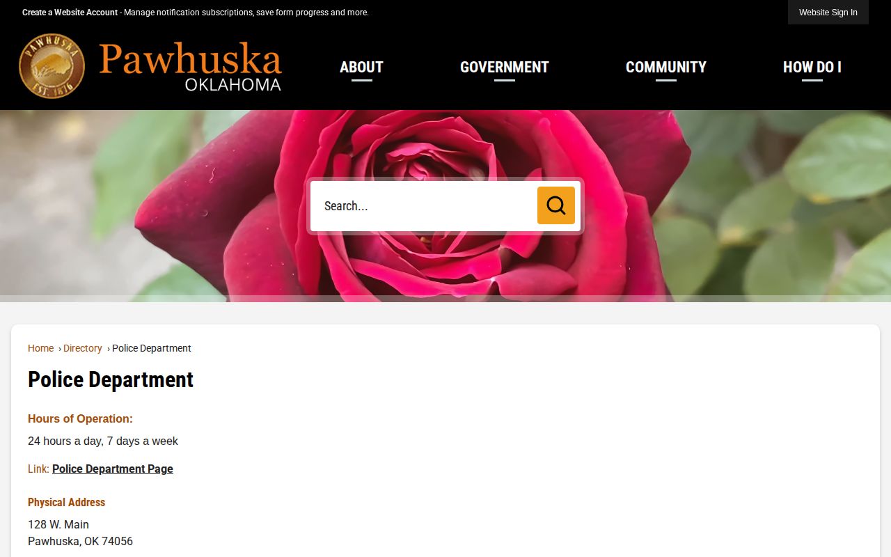Osage County Pawhuska Police Department official booking-record contact page