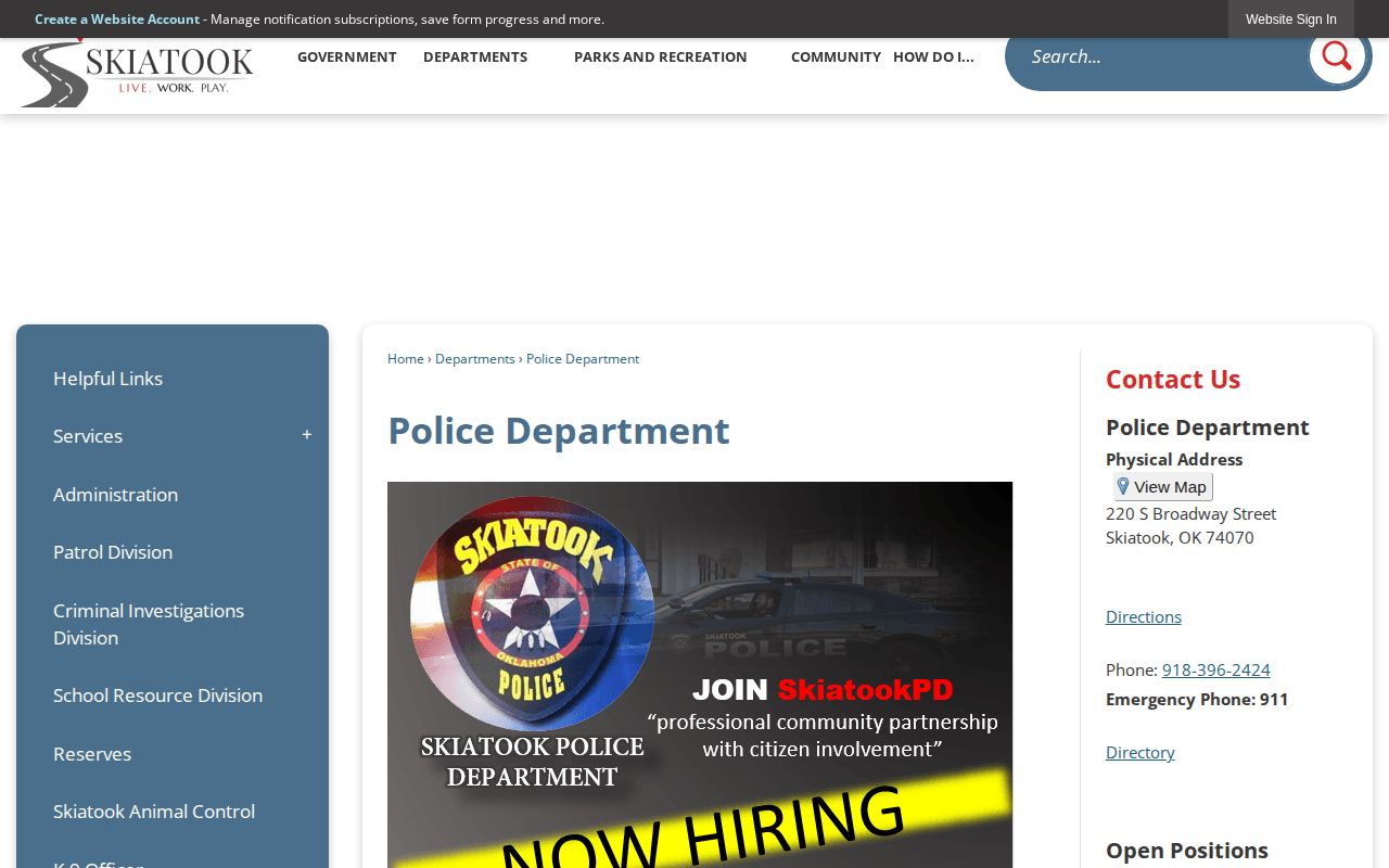 Osage County Skiatook Police Department official arrest-record contact page